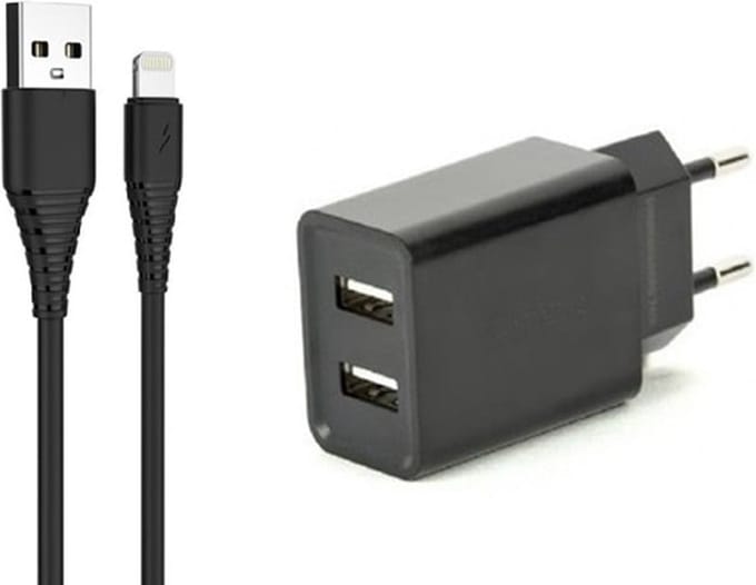 OneOne 2.1A lader met 2 poorten + 1,0m OneOne Lightning kabel. Universele oplader adapter past op Apple iPhone XR, iPhone XS, iPhone XS Max, iPhone 10, iPhone 11, iPhone 11 Pro, iPhone 11Pro Max, iPhone 12, iPhone 12 Mini, iPhone 12 Pro