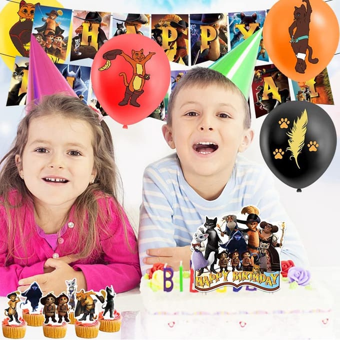 30 stuks Puss in Boots feestartikelen inclusief taarttopper ballonnen banner orange