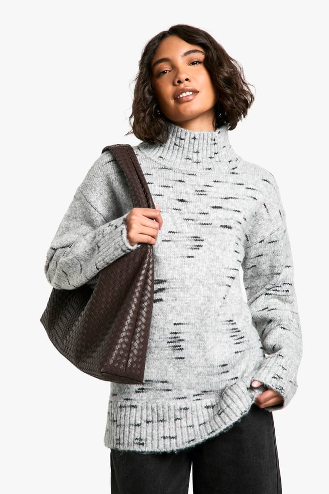 boohoo Dames Tall Soft Knit Marl Oversized High Neck Jumper | Grey | Maat: Small