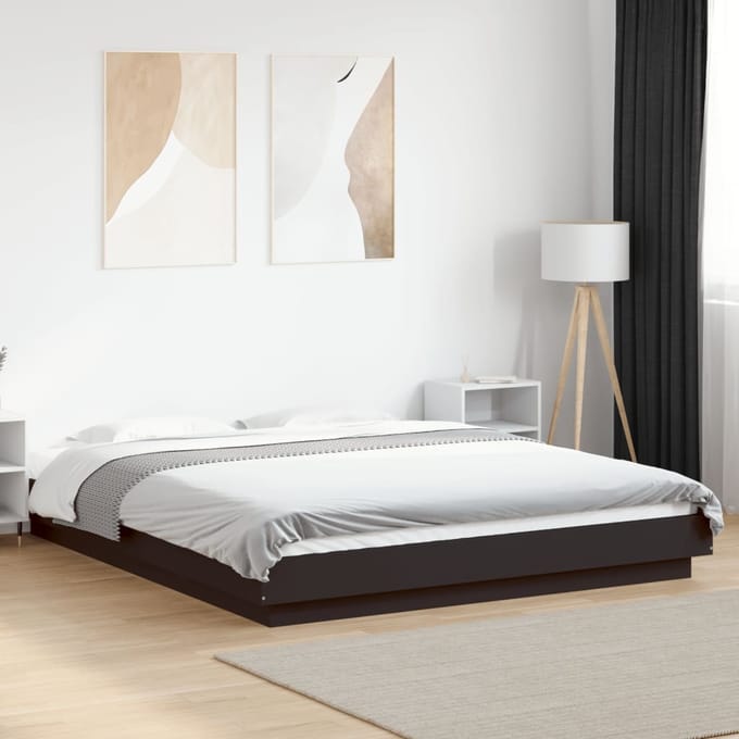 vidaXL - Bedframe - met - LED-verlichting - bewerkt - hout - zwart - 150x200 - cm