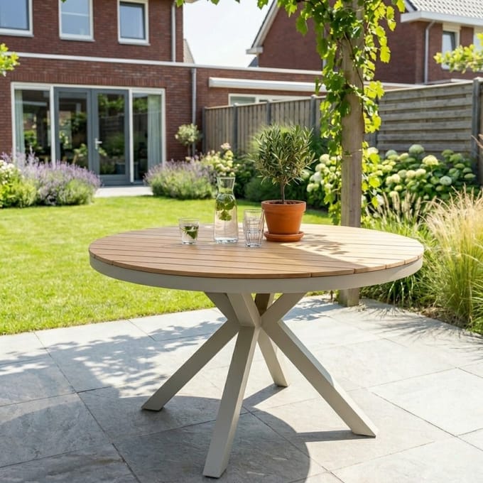 Tuintafel Calgary Rond 140cm Beige/Hout Dining Eettafel - RP140W