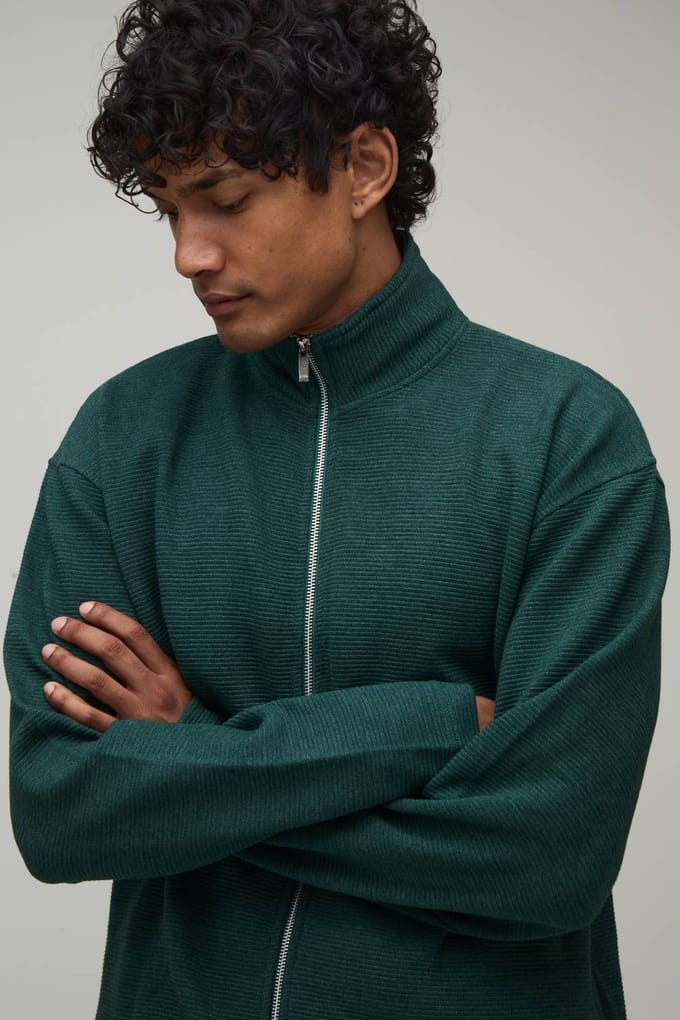 Oversized Boxy Geribbeld Trainingspak Met Dubbele Ritssluiting En Col Kort Model | Forest | Size Medium
