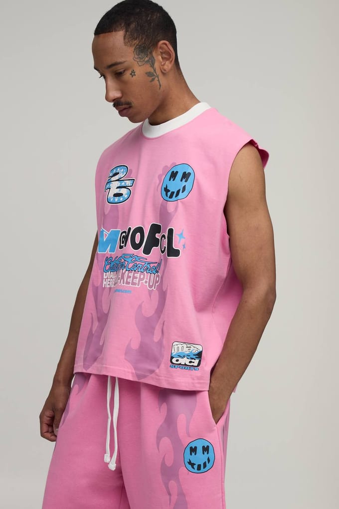 Oversized Boxy Moto Grafische Tanktop En Jort Set | Pink | Size Medium