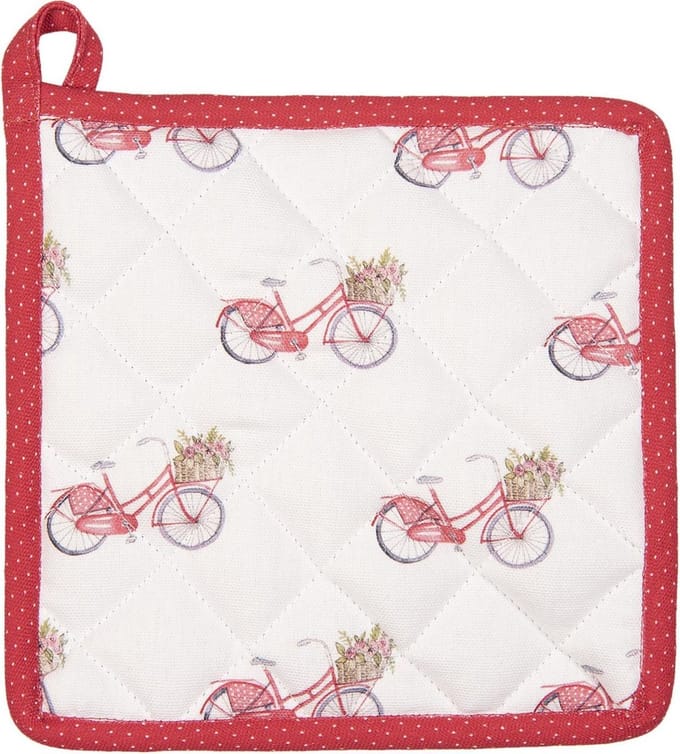 Clayre & Eef Pannenlap 20x20 cm Rood Wit Katoen Vierkant Fiets Afgiet Pannenlap