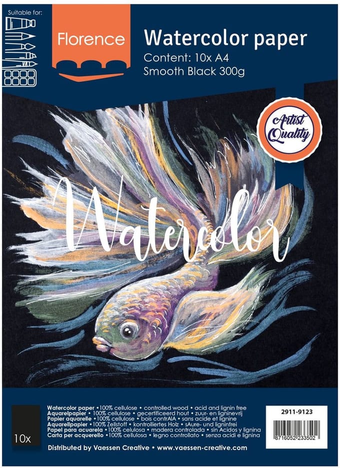 Aquarelpapier - Zwart - A4 - 300 gram - Smooth - Gladde Structuur - Florence - 10 vellen