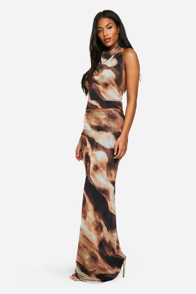 boohoo Dames Lang Abstract Bedrukt Mesh Cowl Top | Zwart | Maat: 44