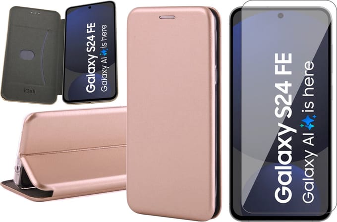 Hoesje geschikt voor Samsung Galaxy S24 FE - Screenprotector Glas - Wallet Book Case Rosegoud