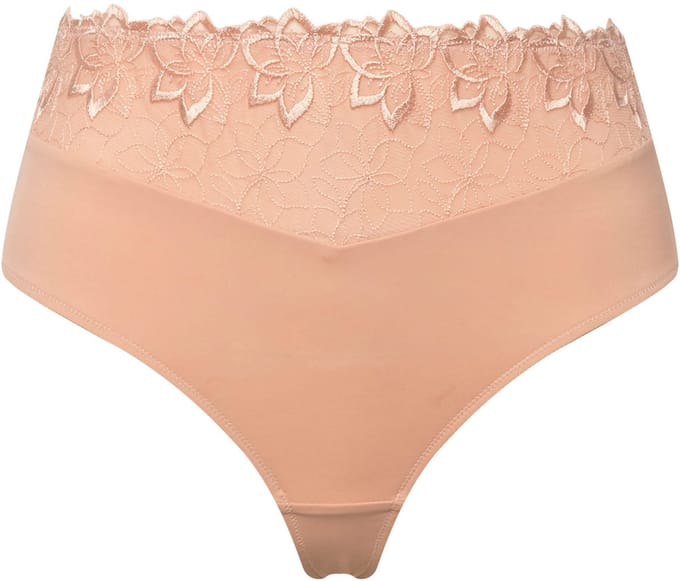 Ulla Popken - Dames - Stringpanty geborduurd mesh - Champagne - Maat 54+