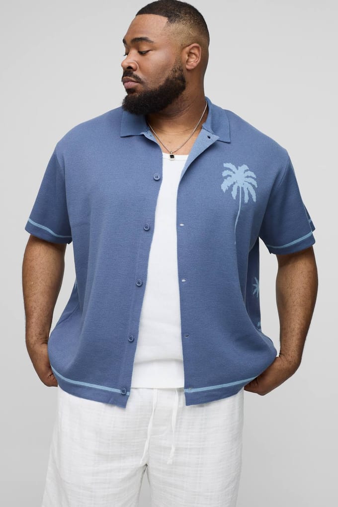 Plus Relaxed Palm Scenic Jacquard Gebreide Overhemd | Blue | Size 2XL