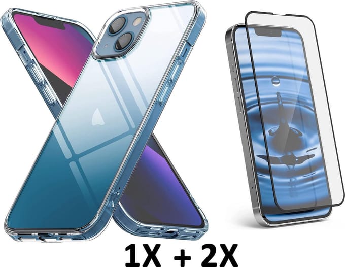 HB Hoesje Geschikt voor Apple iPhone 13 Mini - Transparant / 2X Volledige Glazen Screenprotector - Siliconen Back Cover