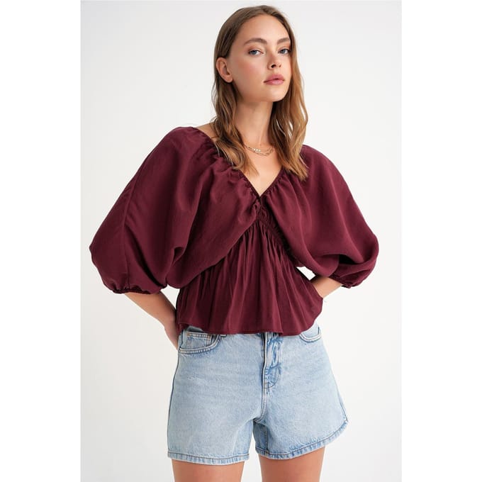 V-hals Blouse met Rimpeldetail