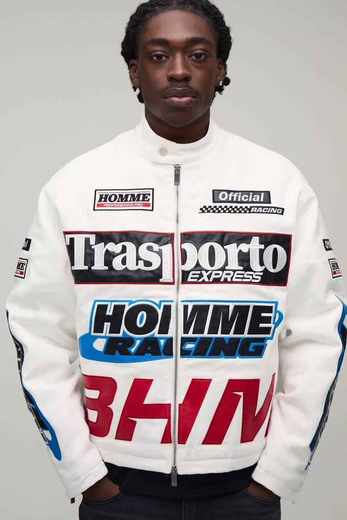 Ruimvallend Twill Motorjack Met Applicatie | White | Size Large
