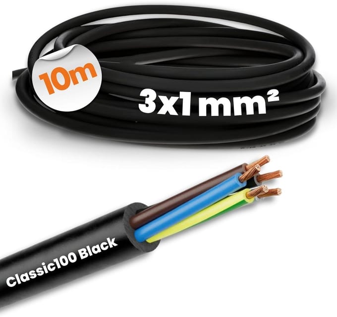 Zwarte 3-aderige installatiekabel 10 meter 3x1mm² voor Buiten en Binnen