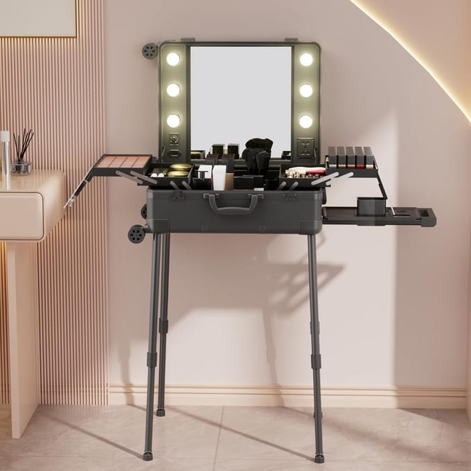 Make-uptrolley met aluminium frame, wielen en spiegel met licht