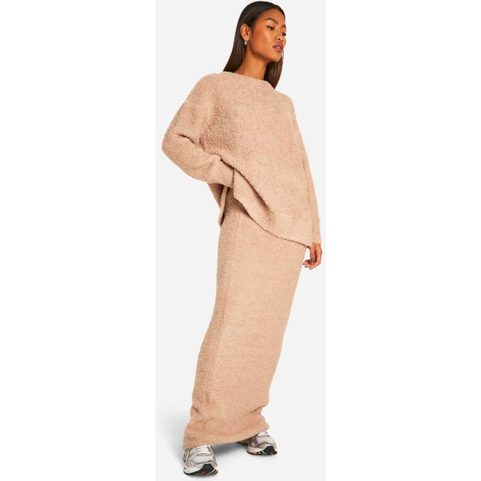 boohoo Dames Borg Gebreide Loszittende Maxi Rok | Camel | Maat: Medium