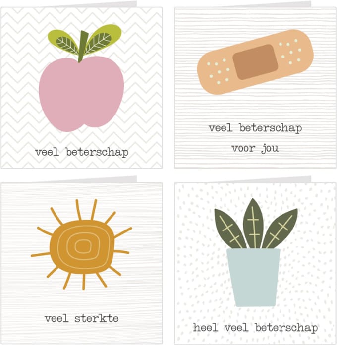 4x Beterschapskaarten / wenskaarten / set kaarten en enveloppen | Beterschap & Sterkte