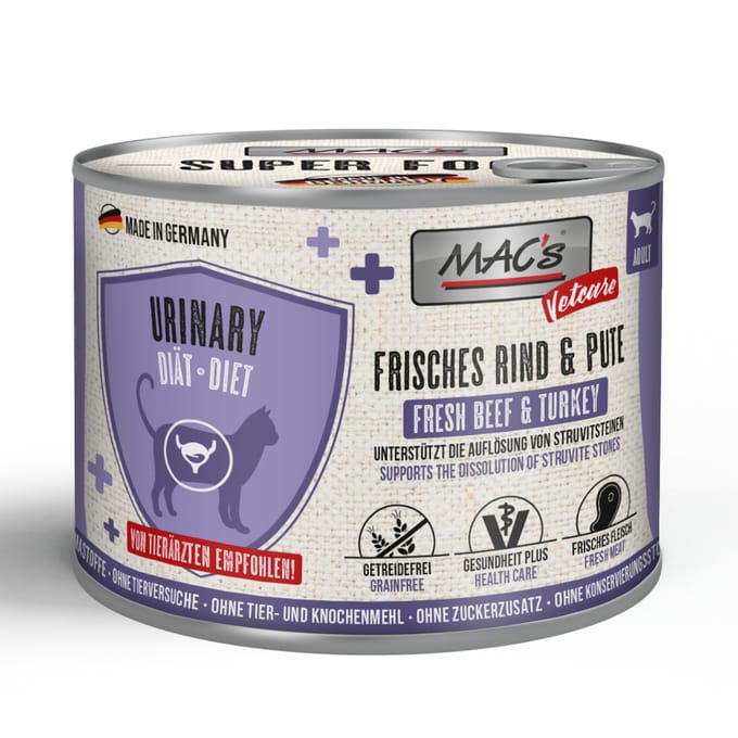 Voordeelverpakking 24x 200g MAC's Cat Vetcare Urinary vers rundvlees & kalkoen natvoer voor katten