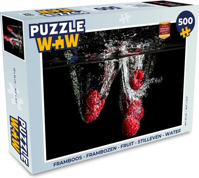 Puzzel Frambozen - Fruit - Stilleven - Water - Zwart - Rood - Legpuzzel - Puzzel 500 stukjes
