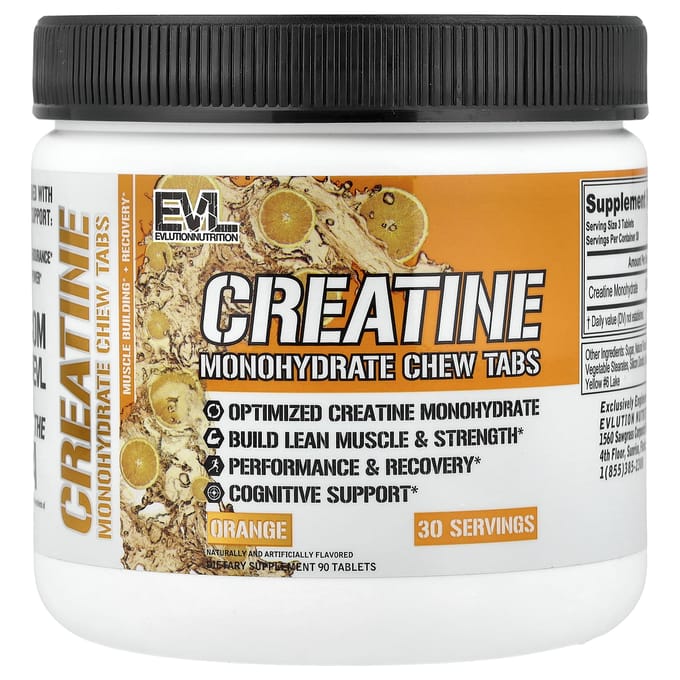 EVLution Nutrition, Creatine Monohydraat Kauwtabletten, Sinaasappel, 90 Tabletten