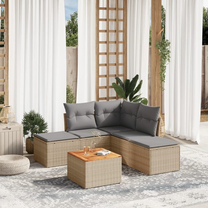 vidaXL - 6-delige - Loungeset - met - kussens - poly - rattan - beige