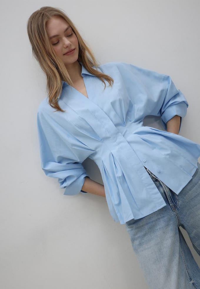 Stradivarius Popeline blouse met plooien  Hemelsblauw M