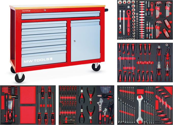 Gevulde gereedschapswagen met kast STARTER 212-delig MW Tools MWE211K1