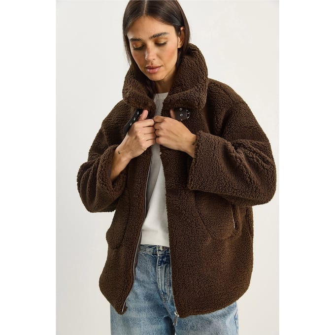Oversized Pluche Gebreide Puffer Jacket met Rits Sluiting