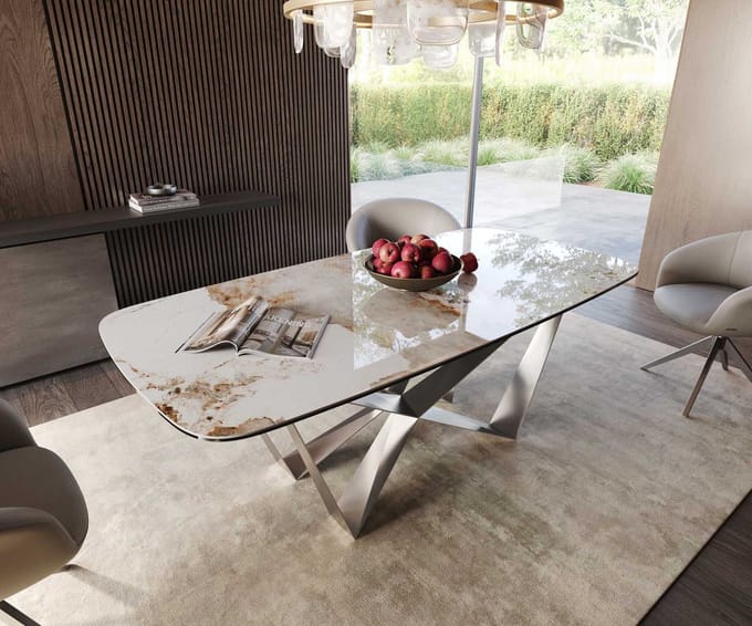 Eetkamertafel Edge wit-beige Boot keramiek Minas Melange 200x100 spider vlak staal RVS