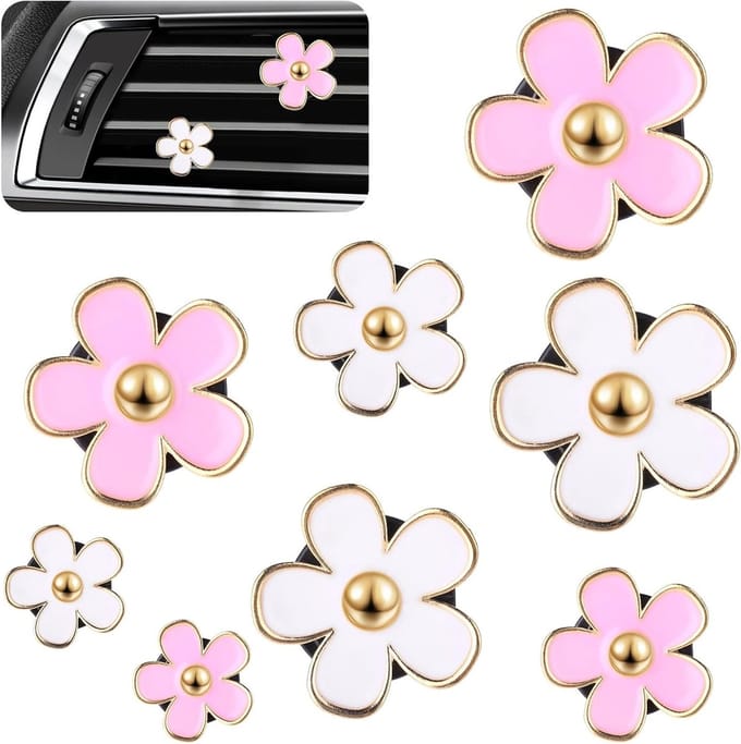 8 Stuks Bloemige Auto Luchtverfrisser Clips - Aromatherapie Diffuser en Interieurdecoratie voor Auto's (Roze, Wit)
