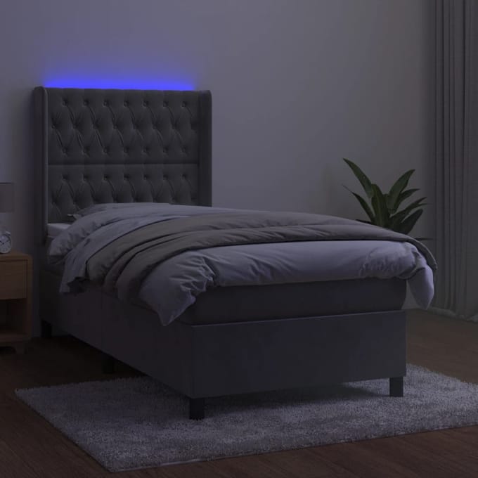 vidaXL - Boxspring - met - matras - en - LED - fluweel - lichtgrijs - 90x200 - cm