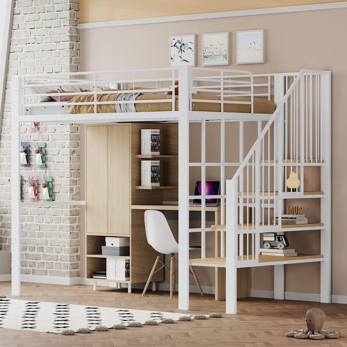 MODFU Bedframe 140x200 cm – wit metaal/hout – met opbergruimte en geïntegreerde trap