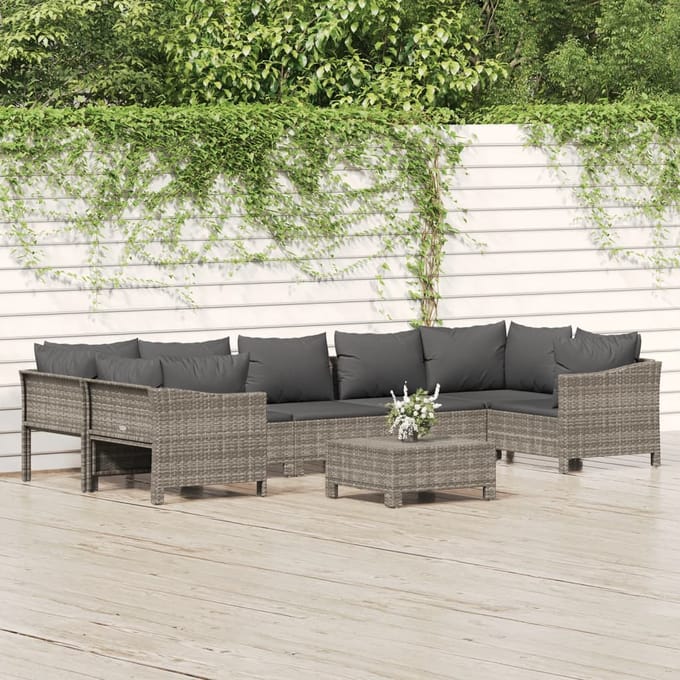 vidaXL - 8-delige - Loungeset - met - kussens - poly - rattan - grijs