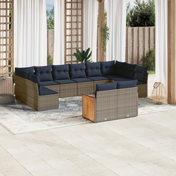 vidaXL - 12-delige - tuinbankset - met - kussens, - grijs - polyrotan
