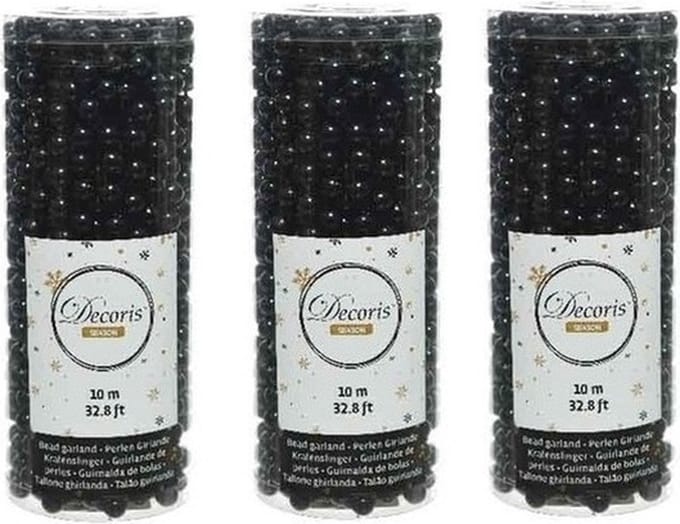 Decoris Kralenslinger - 3x stuks - zwart - 10 meter - kunststof - glans - kerstslinger - kerstversiering