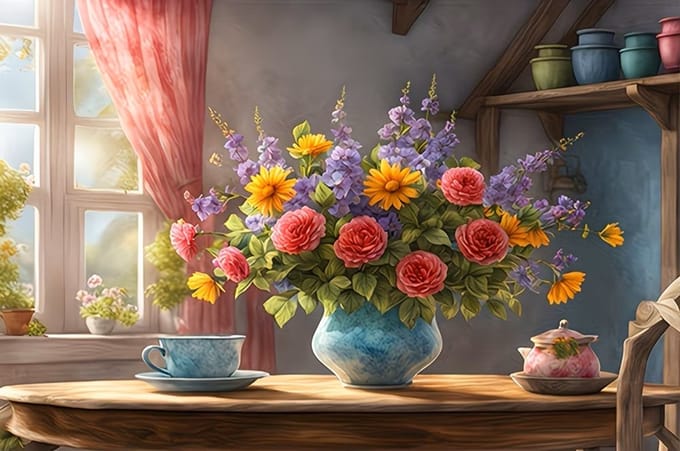 30x20cm Diamond Painting bloemen keukentafel (rond) nr 407