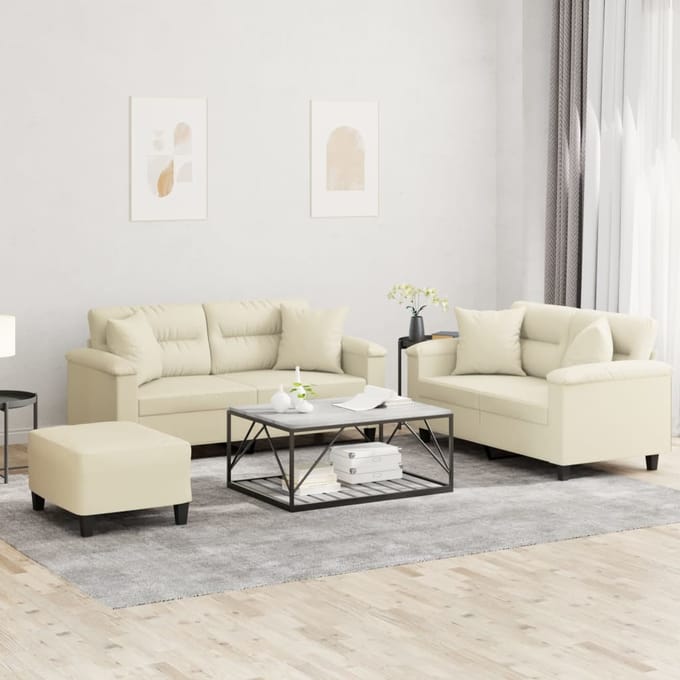 vidaXL - 3-delige - Loungeset - met - kussens - kunstleer - crèmekleurig