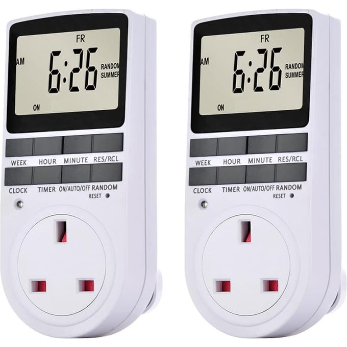 Pakket van 2 digitale plug-in timer-aansluiting LCD-scherm 10 programmeerbare schakelprogramma's 24 uur en 7 Pack of 2 & UK Plug