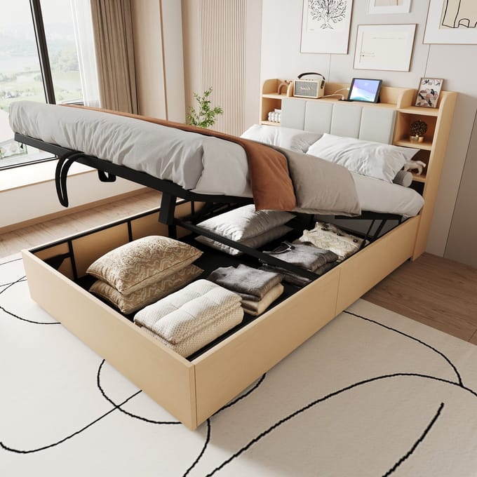 REDOM Bedframe 140x200 cm – Naturel hout – Met hydraulische opbergruimte & USB/Type-C poorten