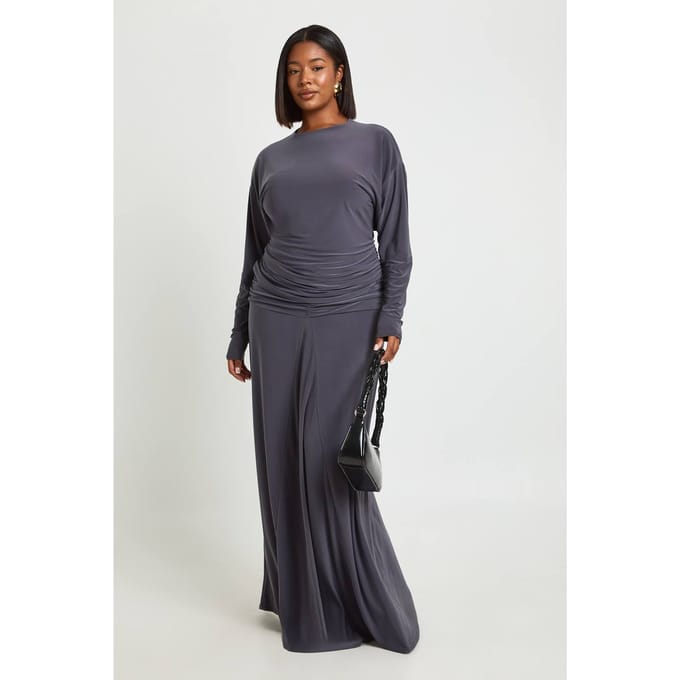 boohoo Dames Plus Maxi Rok Met Gerimpelde Voorkant | Slate Grey | Maat: 20