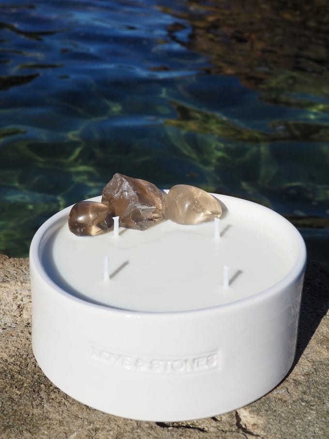 Love and Stones - large white ceramic crystal candle