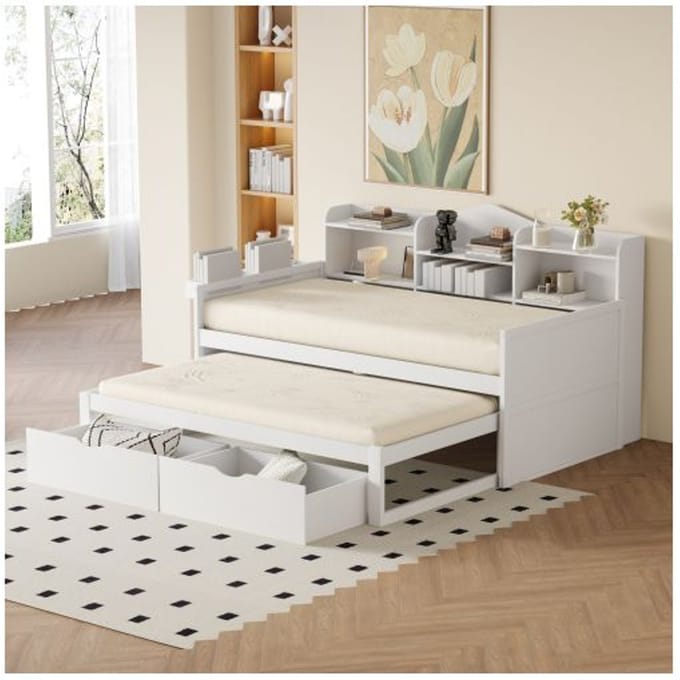 Canapé-lit - MUVOE - 90x200 cm - Blanc - Lit gigogne 90x190 cm - Rangement intégré blanc
