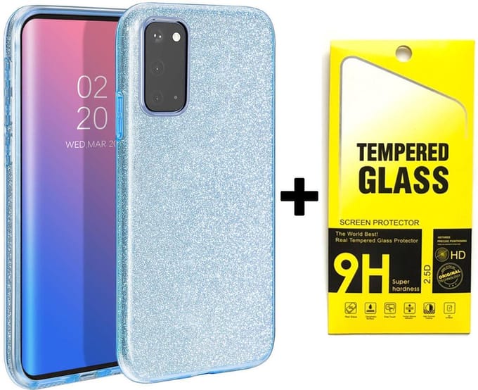 HB Hoesje Geschikt voor Samsung Galaxy A52/ A52S - Blauw - Glitter Back Cover + Tempered Glazen Screenprotector