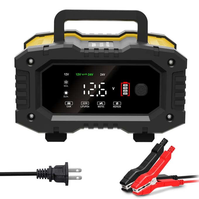FOXSUR Volautomatische Acculaders 12V10A 24V5A Auto Accu Onderhouder Druppellader geel