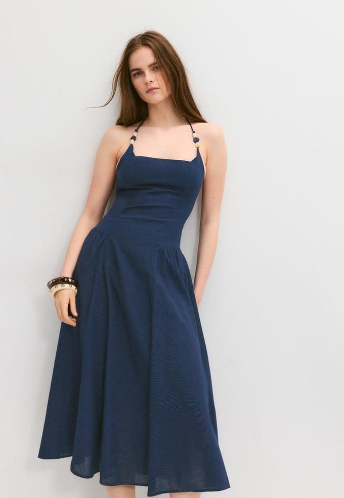 Stradivarius Midi-jurk met halter en kralendetails  Marineblauw M