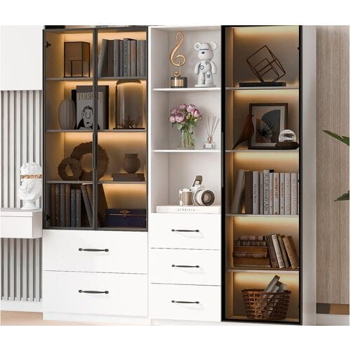 ModernLuxe Vitrinekast 140×40×160 cm - met LED-verlichting - 3 glazen deuren - 5 laden - wit