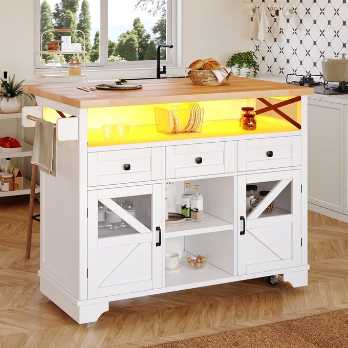 OKWISH Keukentrolley - Inklapbaar Uitschuifbaar Werkblad - Ledverlichting Via App - Met Opbergruimte - MDF Wit - 120×43 71×98 Cm