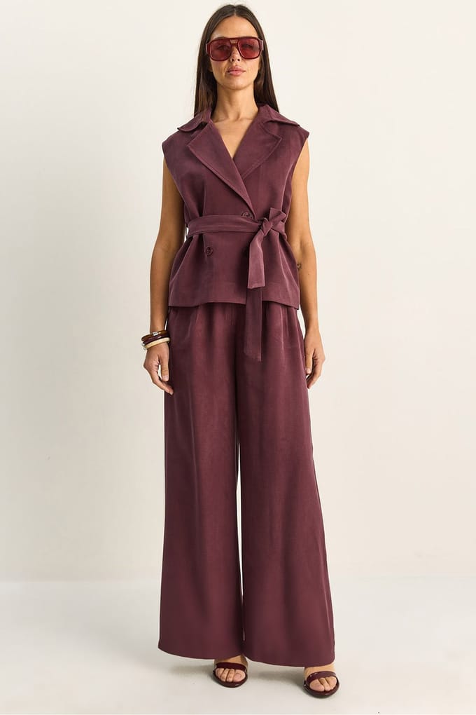 Hoge Taille Wijde Pijpen Co-ord Set met Sjaalkraag