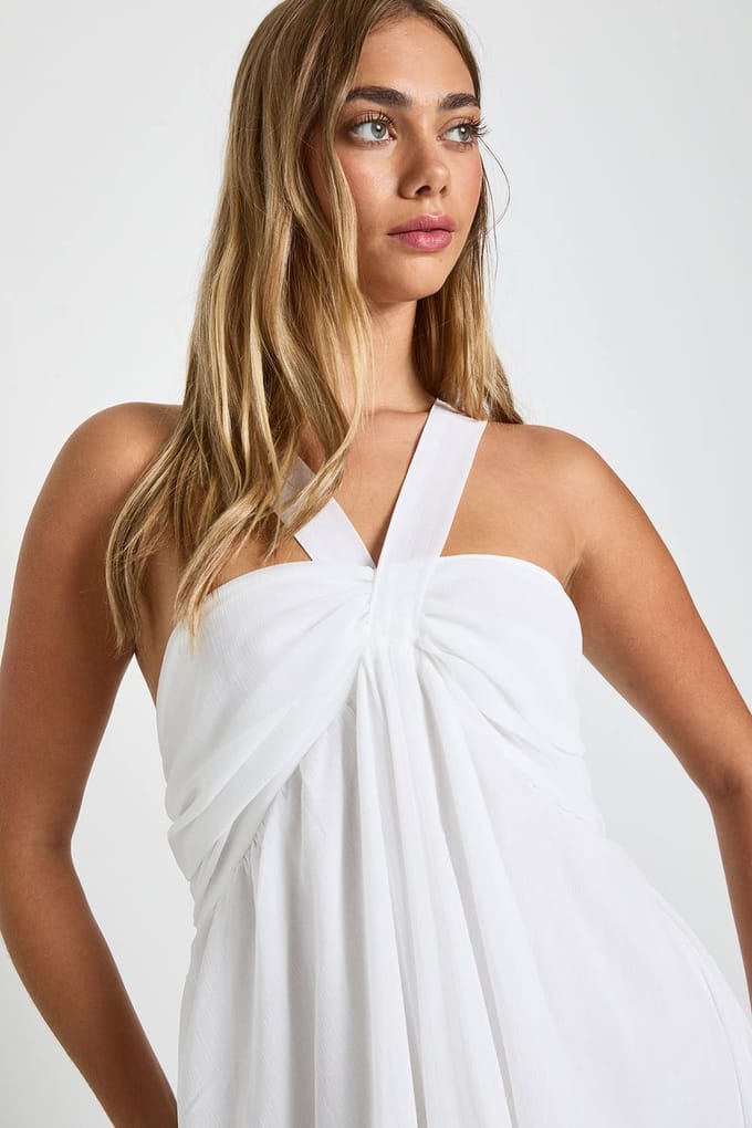 boohoo Dames Chiffon Kant Mix Halterneck Maxi Jurk | Ivoor | Maat: 36
