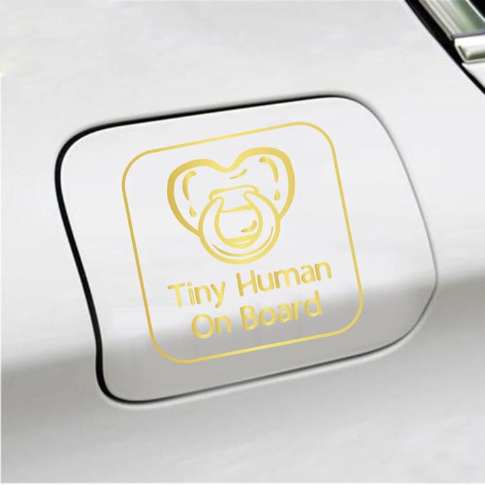 Bumpersticker - Tiny Human On Board - 14 X 14 - Goud