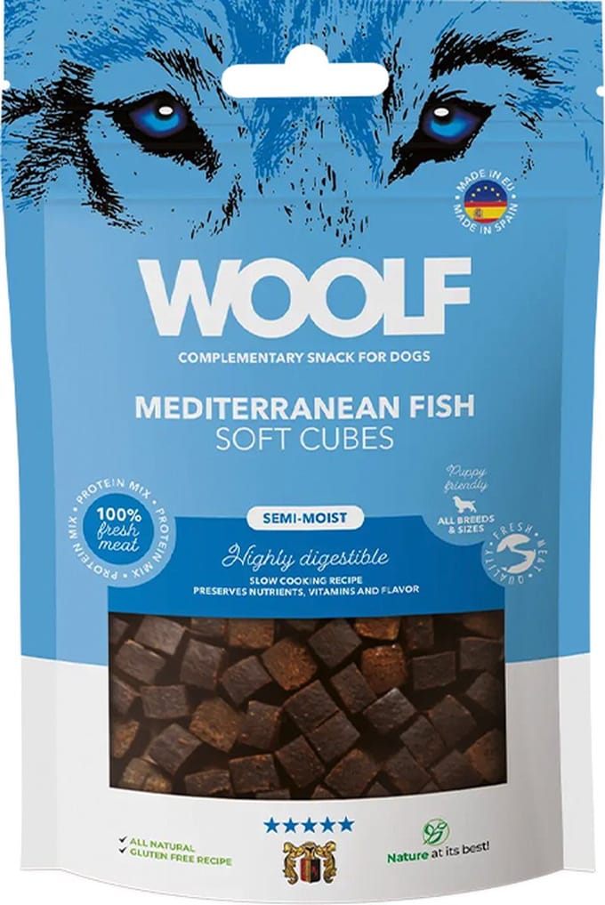 woolf-soft cubes-hondensnack-trainingsnoep met mediteraanse vis- 100gr-geschikt voor pups